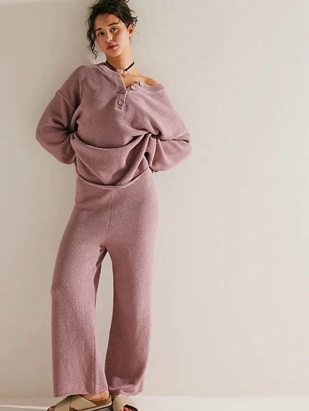 Free People Beach Hailee Lounge Set Sweater & Wide Leg Pants Size Medium Purple